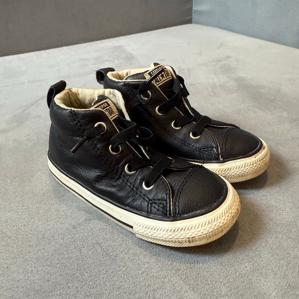 Converse All Star Chuck Taylor Black Leather High Tops Shoes Sneakers Size 6 - Picture 2 of 11